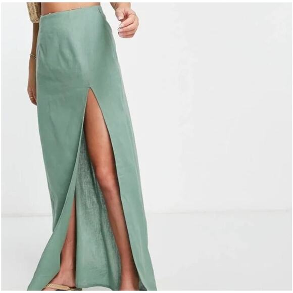 ASOS High Waisted Flax Blend Maxi Skirt High Slit Women’s 4 Green Bodycon Sexy - Picture 3 of 11